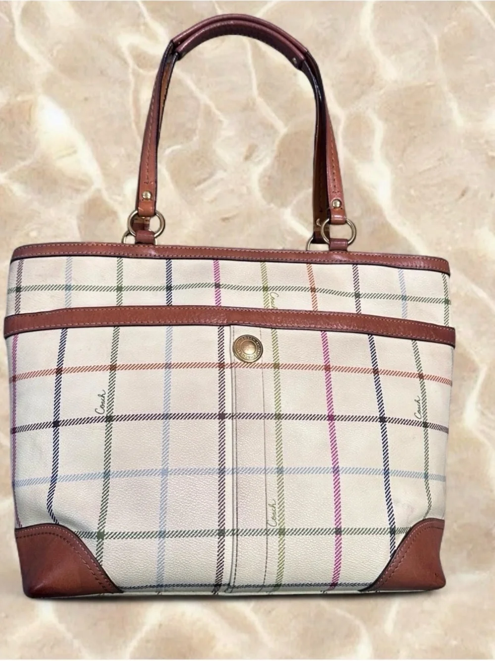 Y2K Coach Heritage Tattersall Cream Plaid Tote Blue Center Stripe Coach 12561
